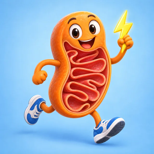 Sympathische Mitochondrienfigur mit sichtbaren inneren Falten