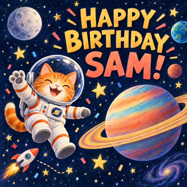โHAPPY BIRTHDAY SAMโ-Karte mit einer Astronautenkatze