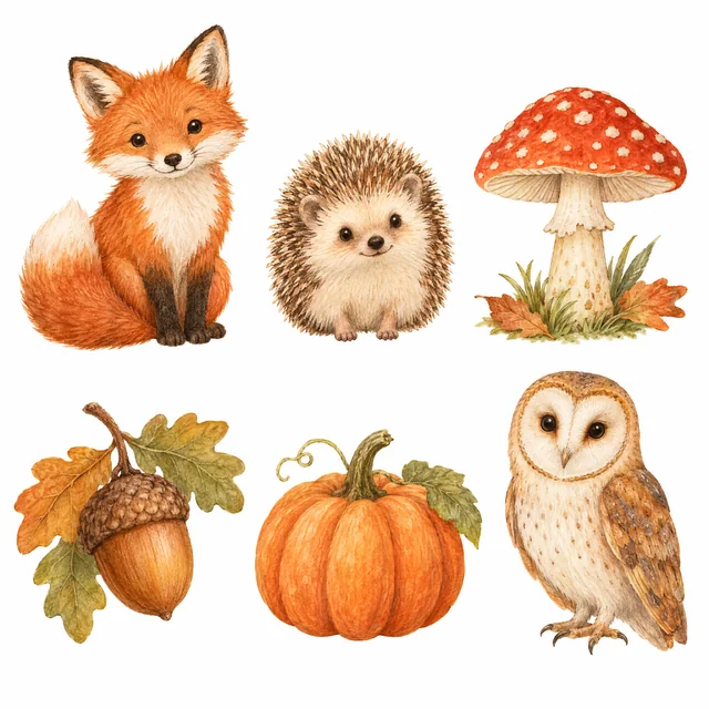 Sechs aufeinander abgestimmte Clipart-Illustrationen mit Waldmotiven in Aquarelltechnik