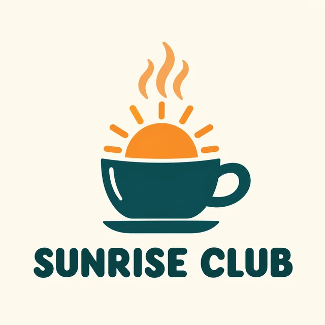 Das Logo des โSUNRISE CLUBโ-Cafรฉs mit einer aufgehenden Sonne und einer Kaffeetasse