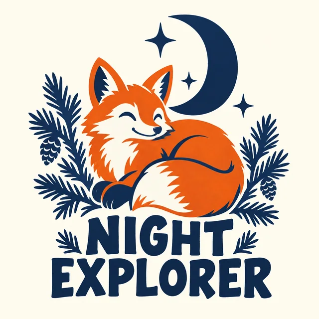 Orange- und marineblaues Fuchs-Motiv mit der Aufschrift โNIGHT EXPLORERโ