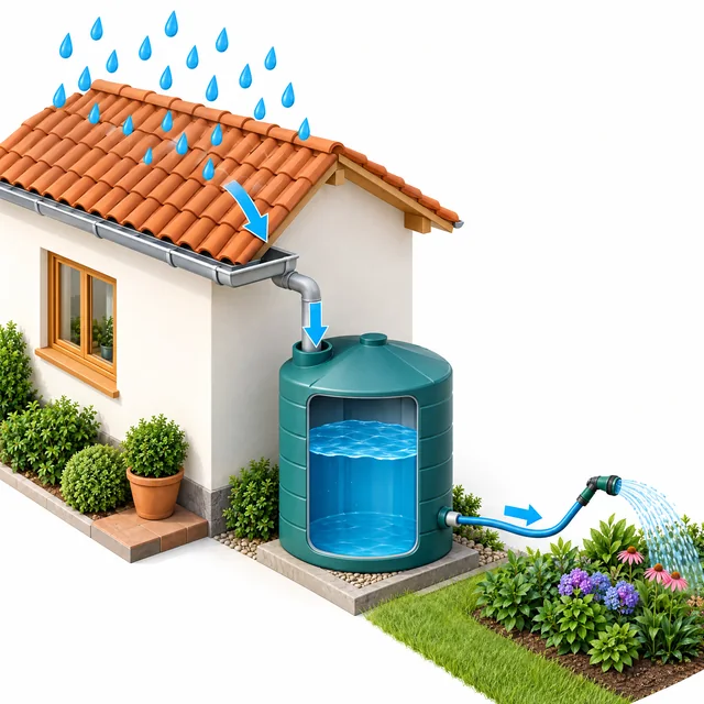 Schnittzeichnung eines Hauses, das Regenwasser fรผr den Garten sammelt