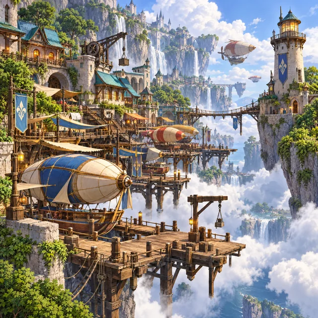 Illustrierter Luftschiffhafen mit Anlegestellen an der Steilkรผste und blaugrรผnen Dรคchern