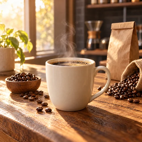 Dampf, der im warmen Morgenlicht aus einer Kaffeetasse aufsteigt