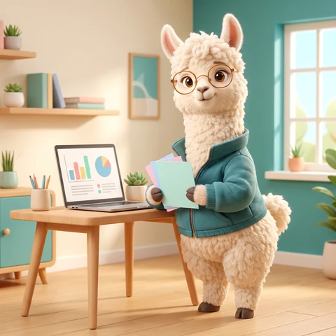 Dasselbe Maskottchen, das in einem Büro einen Laptop präsentiert