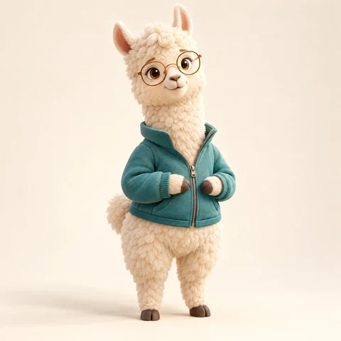 Alpaka-Maskottchen mit einer blaugrünen Jacke und einer Brille