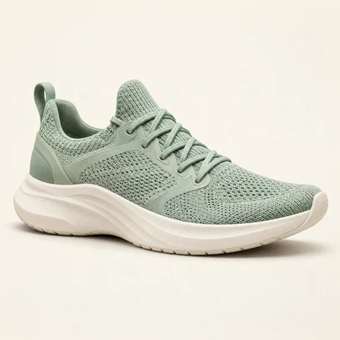 Mintgrüner Sneaker vor einem schlichten Studiohintergrund