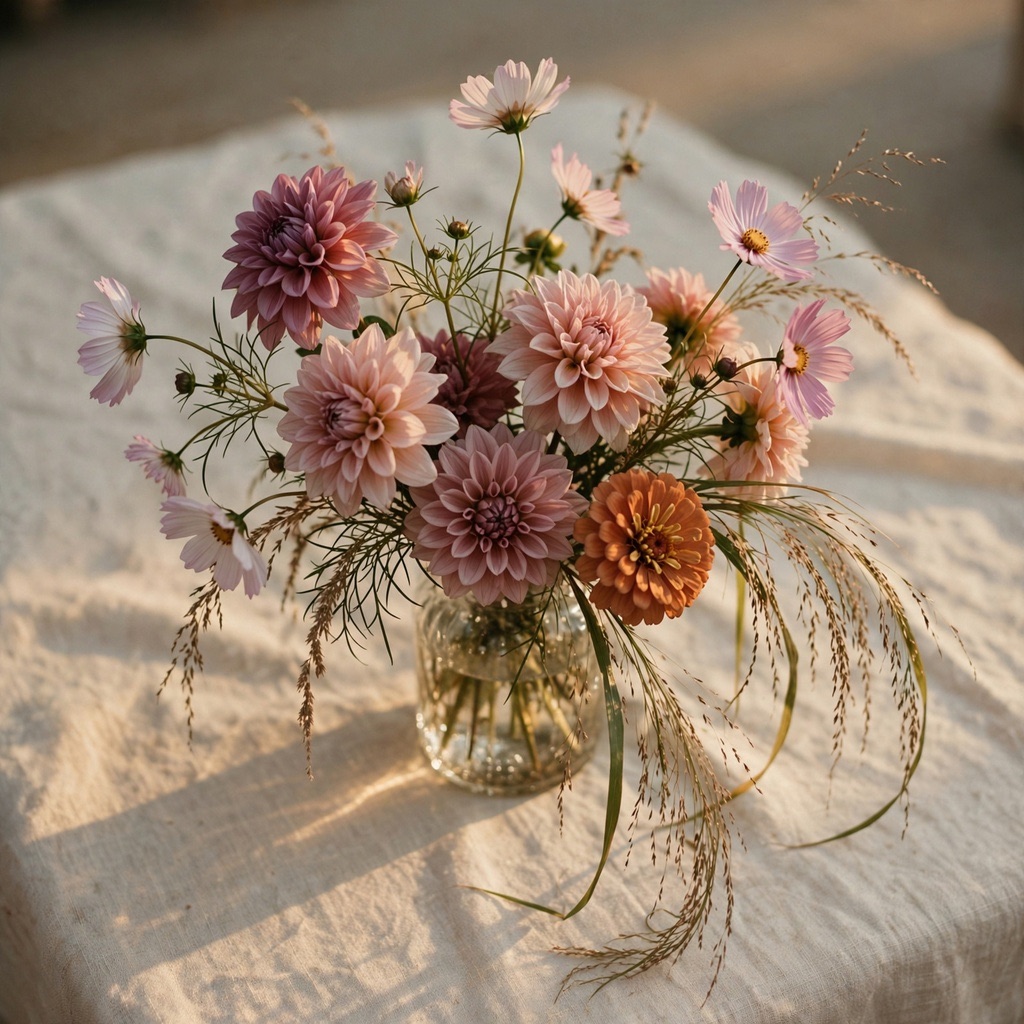 A loose, sunlit bouquet of seasonal stems with trailing greenery resting on a wooden table